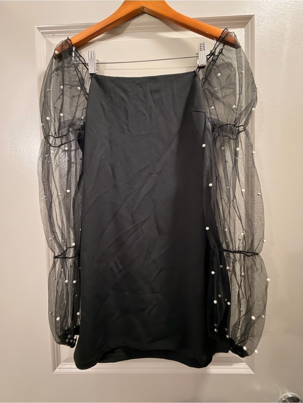 Black Mini Dress with Sheer Pearl-Embellished Puff Sleeves